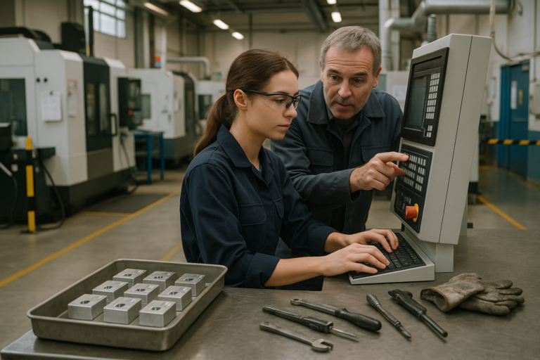 gépkezelői állások: női operátor és oktató a CNC műhelyben