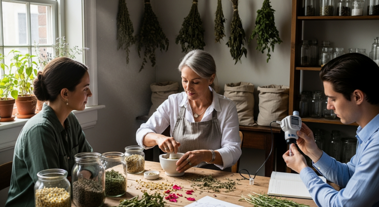 Gyógynövény konzultáció: szakértő nő őröl gyógynövényeket asztalnál