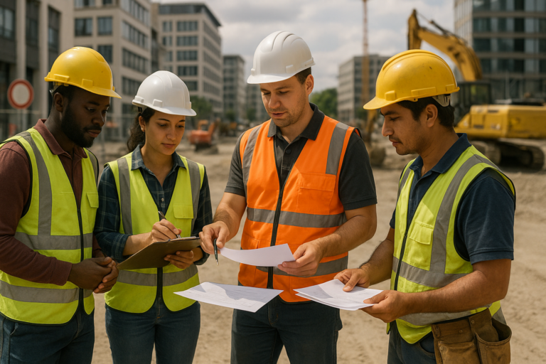 Harmadik országbeli munkavállalók foglalkoztatása építkezésen, együttműködő nemzetközi csapat.
