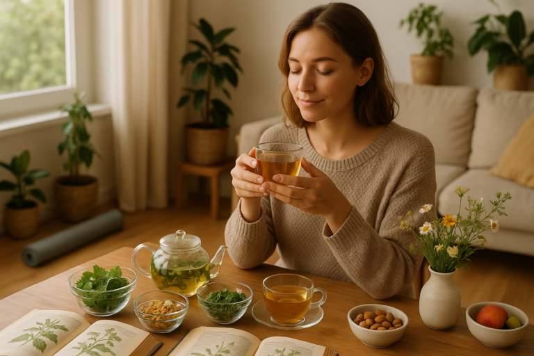 Fiatal nő gyógynövényes tea mellett, természetes hormonális zavar megoldása.
