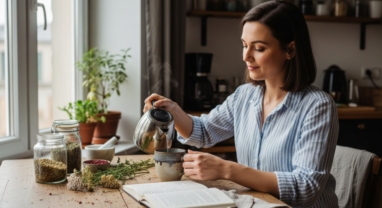 Nő gyógynövényteát készít az menstruációs ciklus javítása érdekében