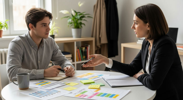 pályaválasztás tanácsadás: fiatal ügyfél hallgat, tanácsadó papírokat mutat