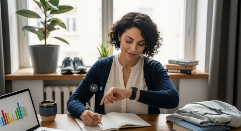 pszichológus ül asztalnál, okosórát néz és sétatervet ír