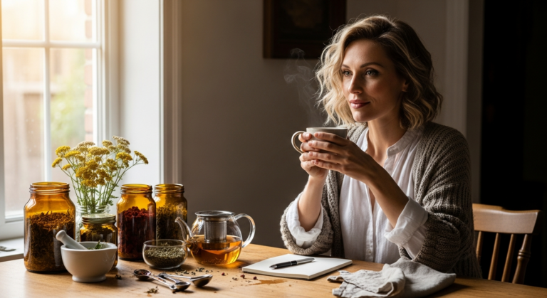 Női portré otthoni gyógynövényes asztal mellett, természetes kezelés szemléltetése