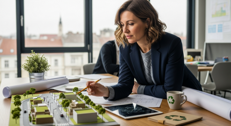 városfejlesztési innovációk: magyar tervező mutat zöld tetős makettet