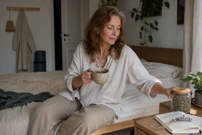 perimenopauza: középkorú nő teával hálószobában, nyugodt önápolás