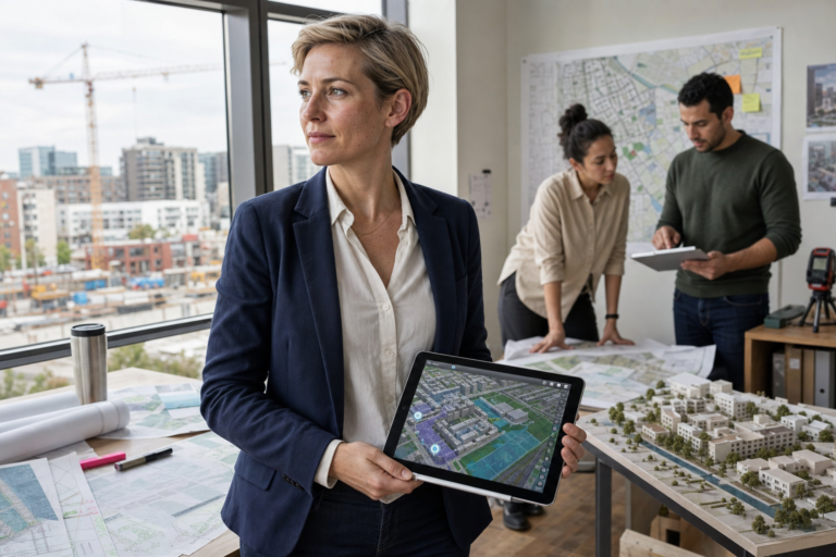 városfejlesztés térinformatika urbanista tabletjén 3D várostérkép irodában