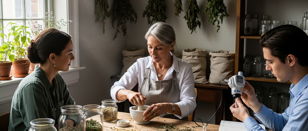 Gyógynövény konzultáció: szakértő nő őröl gyógynövényeket asztalnál