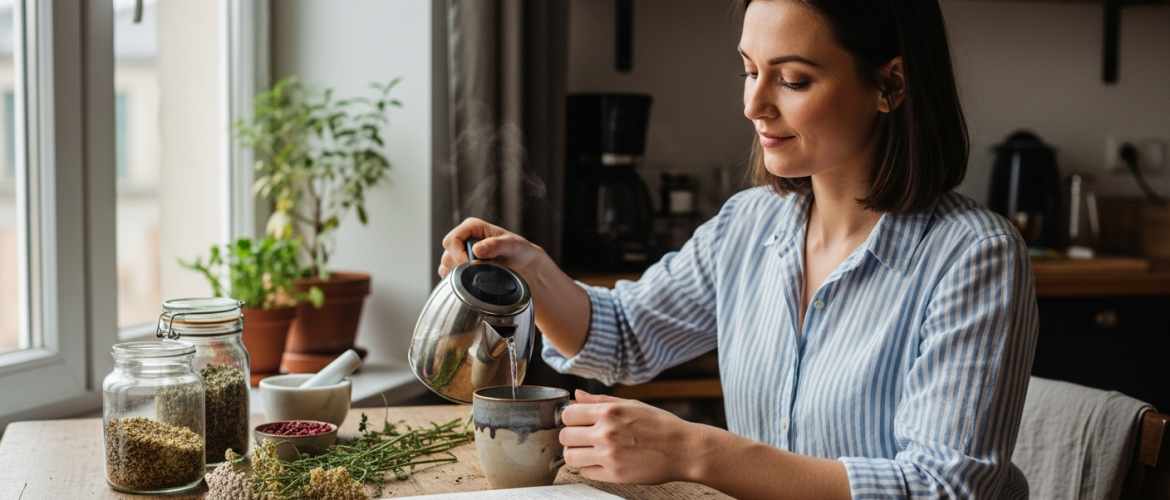 Nő gyógynövényteát készít az menstruációs ciklus javítása érdekében