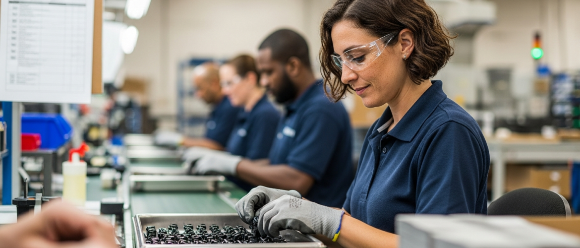 Koncentrált nő operátor összeszerelő soron — monotonitástűrés munka