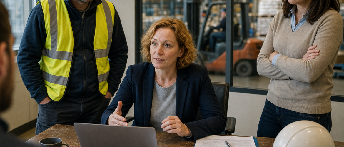 HR-vezető megbeszélése munkaerő-kölcsönzés témájában gyártóirodában