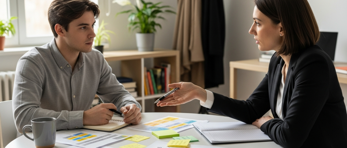 pályaválasztás tanácsadás: fiatal ügyfél hallgat, tanácsadó papírokat mutat
