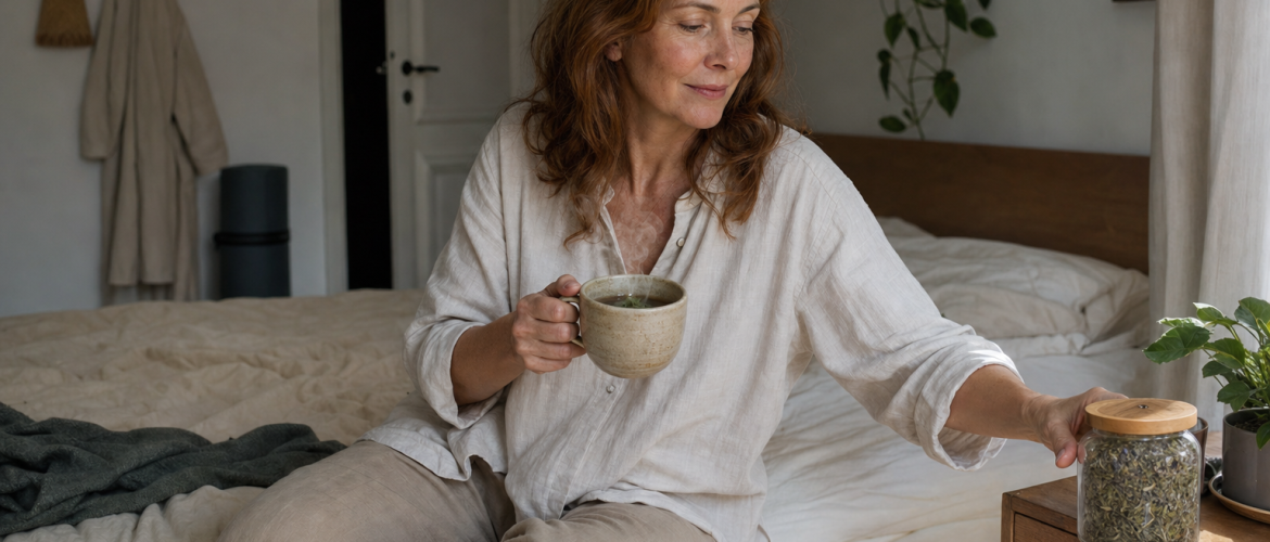 perimenopauza: középkorú nő teával hálószobában, nyugodt önápolás