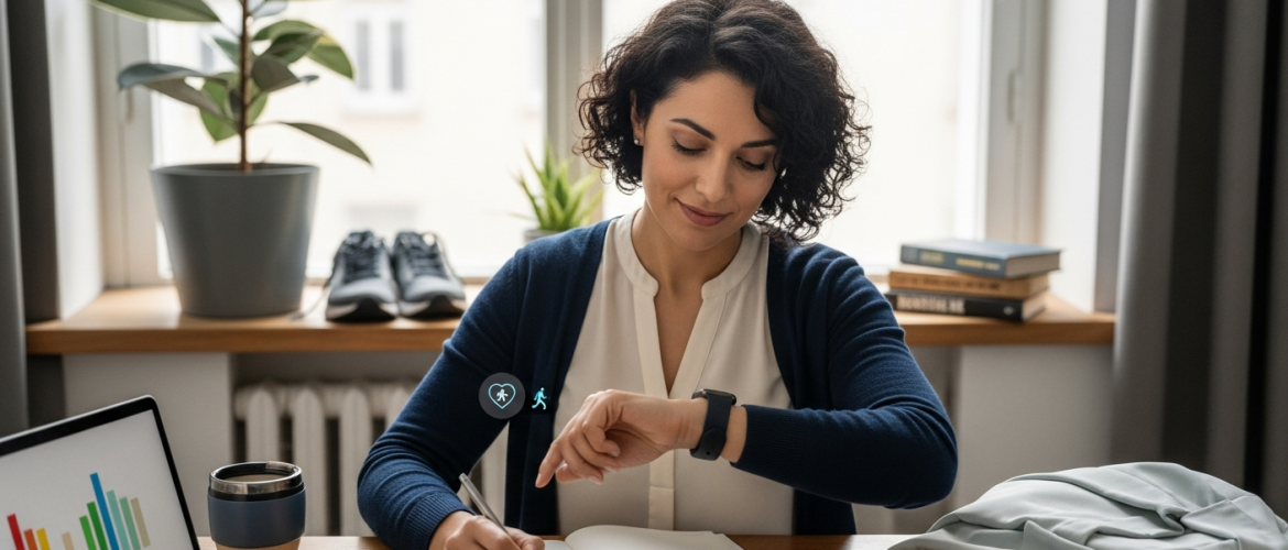 pszichológus ül asztalnál, okosórát néz és sétatervet ír