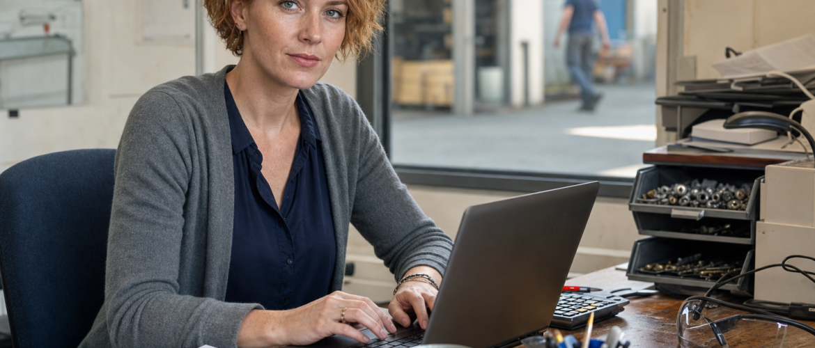 Női szakember ipari irodában laptopnál, precíz adminisztráció — szellemi munkák