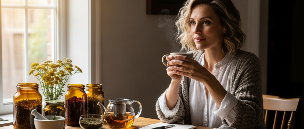 Női portré otthoni gyógynövényes asztal mellett, természetes kezelés szemléltetése