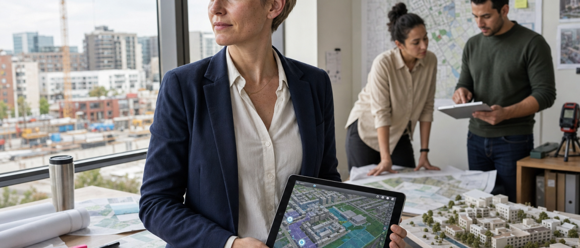 városfejlesztés térinformatika urbanista tabletjén 3D várostérkép irodában