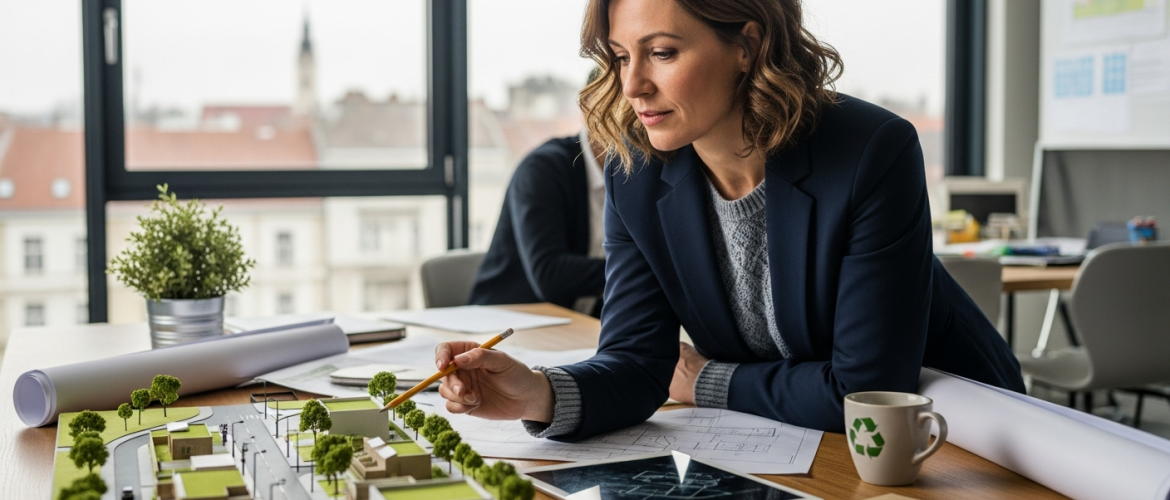 városfejlesztési innovációk: magyar tervező mutat zöld tetős makettet